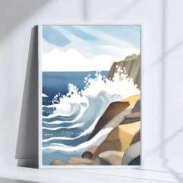 波が砕ける風景 | 岩だらけの海岸 水彩画 ポスター