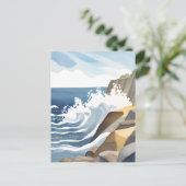 波が砕ける風景 | 岩だらけの海岸 水彩画 ポストカード (スタンド正面)