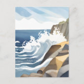 波が砕ける風景 | 岩だらけの海岸 水彩画 ポストカード (正面)