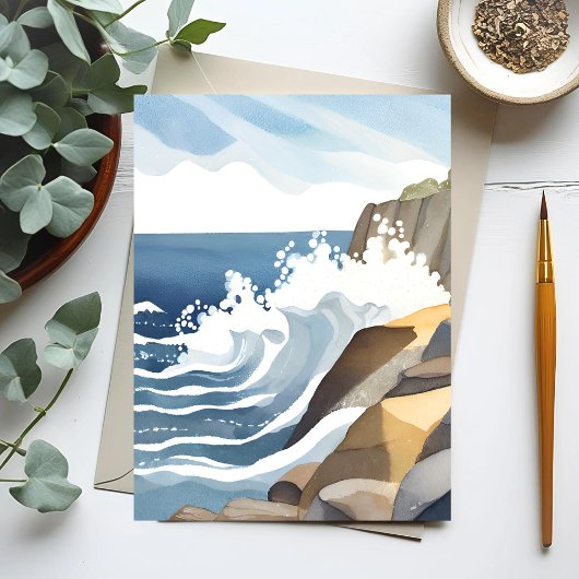 波が砕ける風景 | 岩だらけの海岸 水彩画 ポストカード