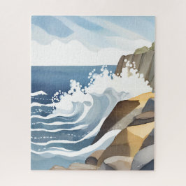 波が砕ける風景 | 荒々しい海岸の水彩画 ジグソーパズル