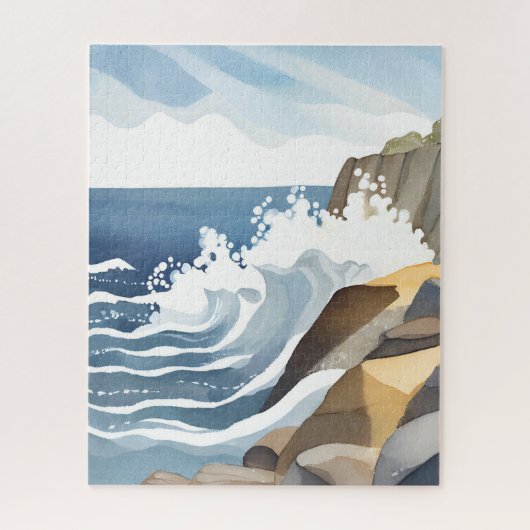 波が砕ける風景 | 荒々しい海岸の水彩画 ジグソーパズル (縦)
