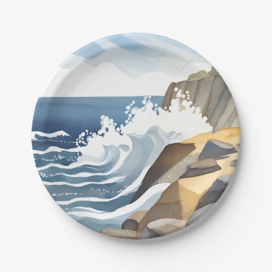 波が砕ける風景 | 荒々しい海岸 水彩画 ペーパープレート (正面)