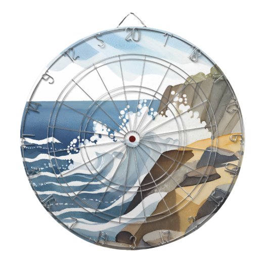 波が砕ける | 岩だらけの海岸 水彩画 ダーツボード (正面)