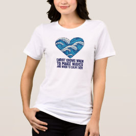 波とキリストのデザインのオーシャンブルー トライブレンドTシャツ