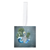 波とヤシの木が植えられた素晴らしいペリカン キューブオーナメント (正面)