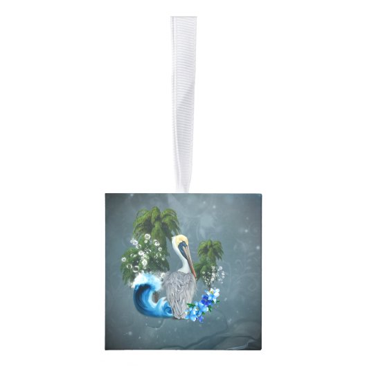 波とヤシの木が植えられた素晴らしいペリカン キューブオーナメント (右)