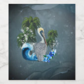 波とヤシの木が植えられた素晴らしいペリカン ワインラベル (シングルラベル)