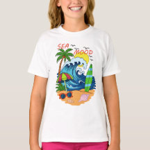 波とヤシの木の子供用Tシャツ