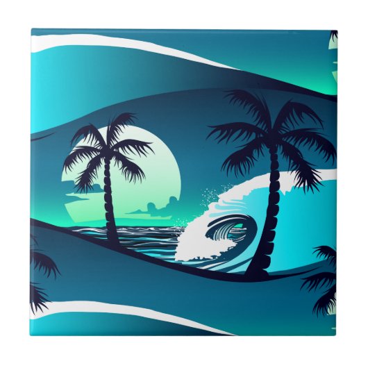 波とヤシの木 タイル (正面)