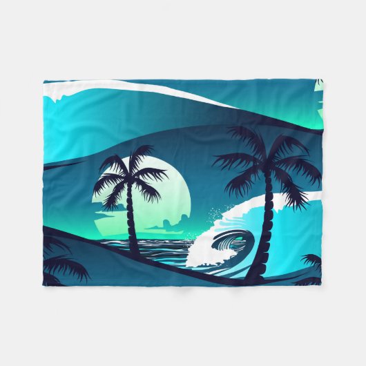 波とヤシの木 フリースブランケット (正面(横))