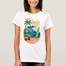 波とヤシの木 女性用Tシャツ