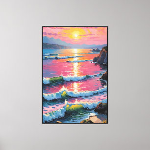 波と共に描く海岸の夕焼け 抽象的な壁画 キャンバスプリント