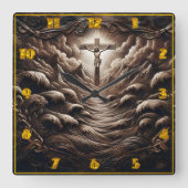 波と山の中の十字架の上のキリスト スクエア壁時計 (正面)