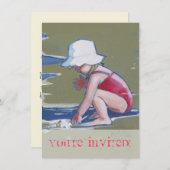 波と帽子のビーチの小さな女の子 招待状 (正面/裏面)