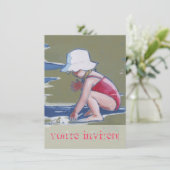 波と帽子のビーチの小さな女の子 招待状 (スタンド正面)