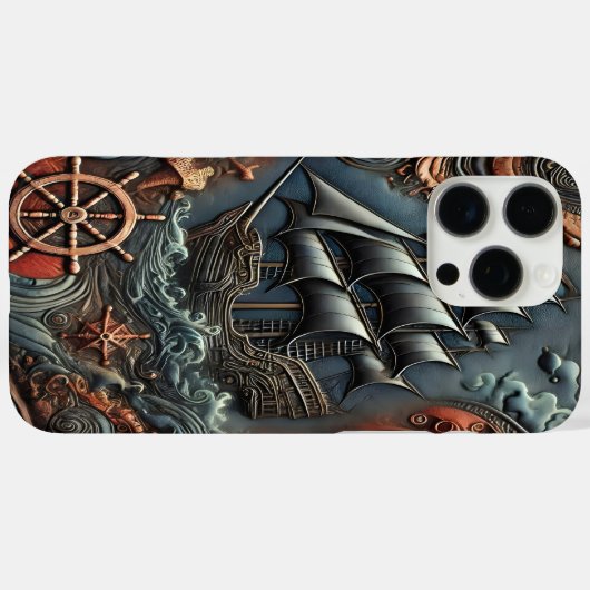 波と要素を持つ帆船航海の彫刻 Case-Mate iPhoneケース (裏面 (横))