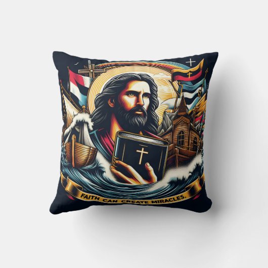 波と象徴の中で聖書を持っているイエス クッション (裏面)