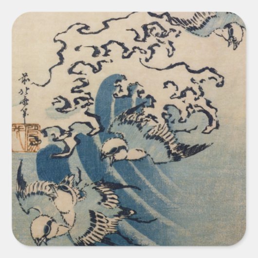 波と鳥, c.1825 (カラーウッドブロックプリント) スクエアシール (正面)