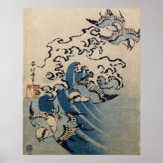 波と鳥, c.1825 (カラーウッドブロックプリント) ポスター (正面)