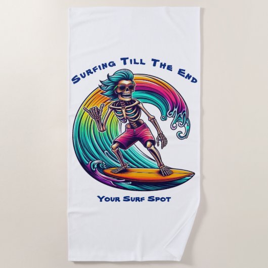 波に乗るスケルトンのサーファー ビーチタオル (正面)