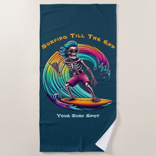 波に乗るスケルトンのサーファー ビーチタオル (正面)