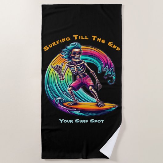 波に乗るスケルトンのサーファー ビーチタオル (正面)