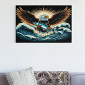 波に威厳のある乗って魚の上に舞うワシ ポスター