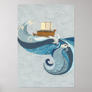 波に打ち寄せるカメ船 ポスター
