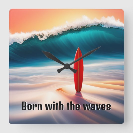 波のある砂のアップライトサーフボード スクエア壁時計 (正面)