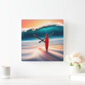 波のある砂のアップライトサーフボード スクエア壁時計 (ホーム)