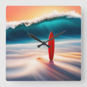 波のある砂のアップライトサーフボード スクエア壁時計 (正面)