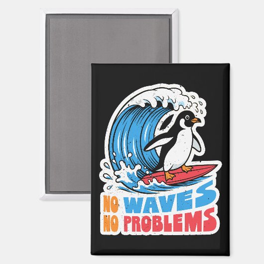 波のない人生なんてNo+Problems! ペンギンのサーフィンTシャツ マグネット (正面/裏面)
