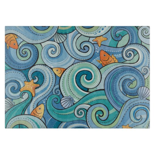 波のパターンの中で魚を釣る カッティングボード (正面)