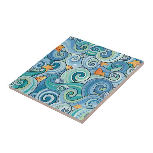 波のパターンの中の魚 タイル (側面)