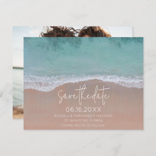 波のビーチ結婚式写真の保存日付 案内状 (正面/裏面)