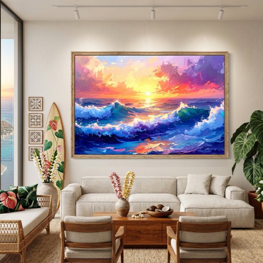 波の上の海の日の出の絵 キャンバスプリント