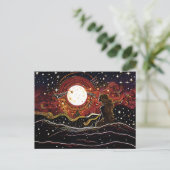 波の中で月をじっと見つめる人魚のリノカット ポストカード (スタンド正面)