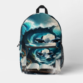 波の中で泳ぐスチームパンクのオルカ。 プリントバックパック