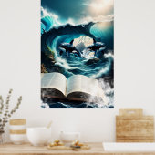 波の中で泳ぐスチームパンクのオルカ。 ポスター (キッチン)