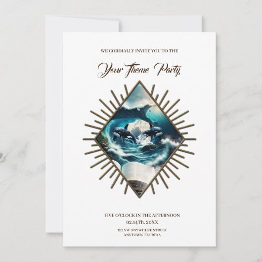波の中で泳ぐスチームパンクのオルカ。 招待状 (正面)