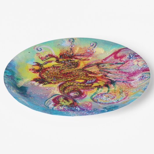 波の中のシードラゴンファンタジーピンクブルー ペーパープレート (アングル)