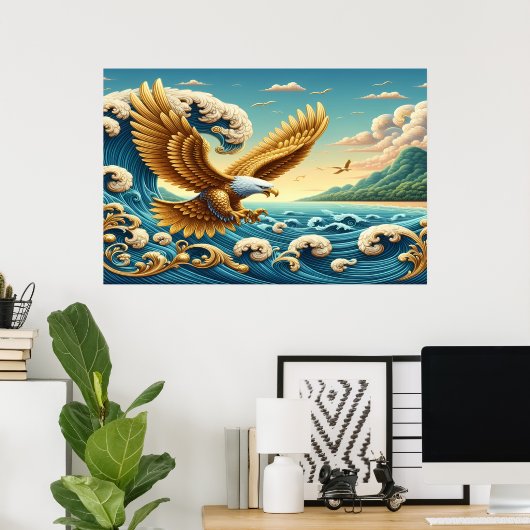 波の威厳のある自由を乗り越える鷲 ポスター (ホームオフィス)