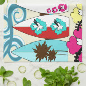 波の店のサーフィンの海のビーチのサーフボードのヤシの木 キッチンタオル (折り畳み)