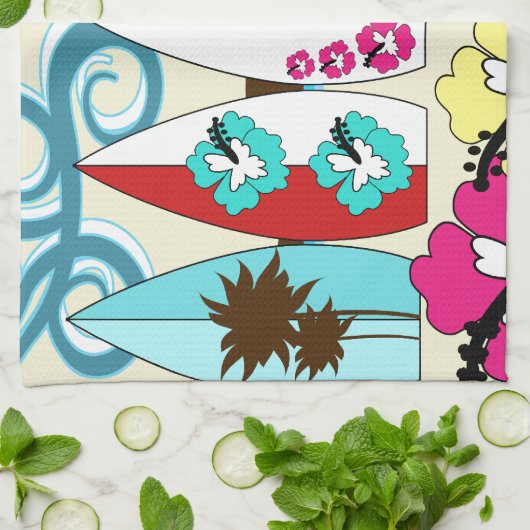 波の店のサーフィンの海のビーチのサーフボードのヤシの木 キッチンタオル (折り畳み)