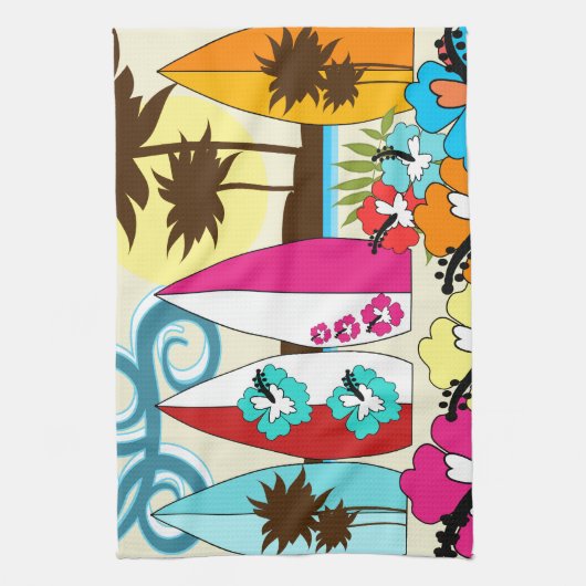 波の店のサーフィンの海のビーチのサーフボードのヤシの木 キッチンタオル (縦)