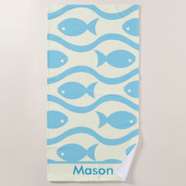 波の模様が描かれた青いパーソナライズされた魚 ビーチタオル