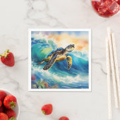 波の水色に鮮やか乗るウミガメ スタンダードカクテルナプキン (インサイチュ)