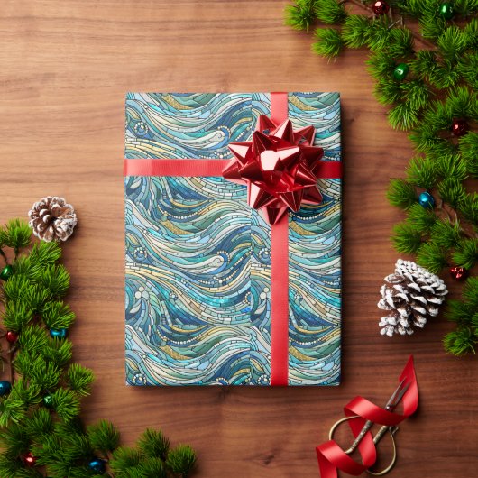 波の海のターコイズモザイク ファインアート ラッピングペーパー (クリスマスギフト)