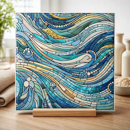 波の海 ティール モザイク ファインアート タイル
